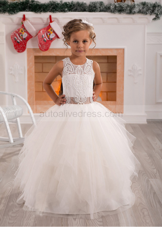 Ivory Lace Pearl Beaded Ruffle Tulle Flower Girl Dress Easter Dress